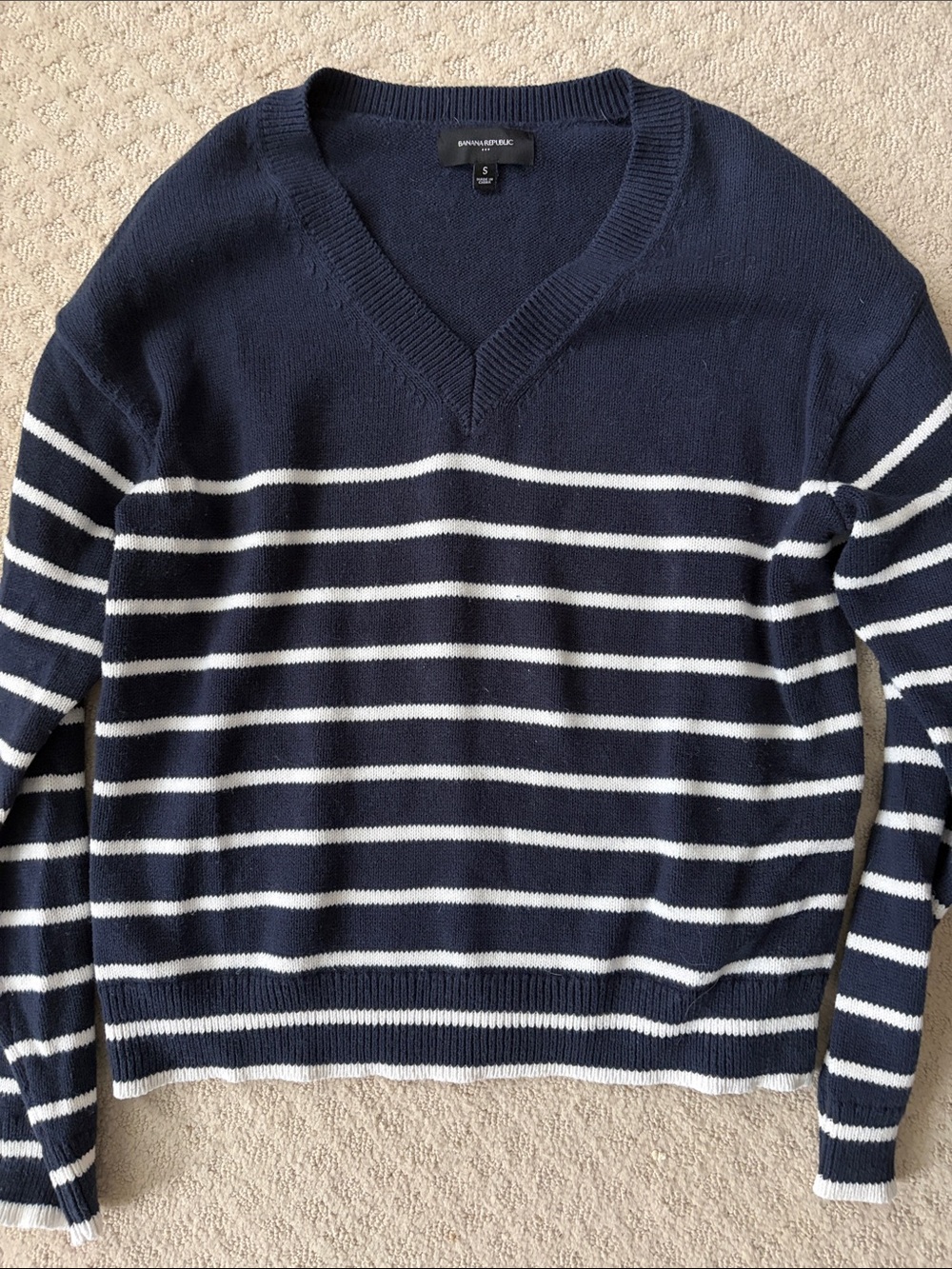 Banana Republic Navy with White Striped V-Neck Sweater